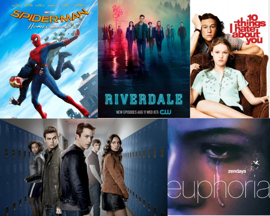 Spiderman, Riverdale, 10 Things I Hate About You, Euphoria, and 13 Reasons Why (clockwise from top left) are just some examples of teen media. The characters depicted in these shows and movies are vastly different, due in part to the various ways producers choose to portray teenagers. (Graphic by Yasmin Roach)