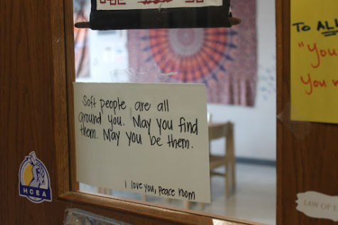 A sign hangs on the Peace Room’s door, reminding students of Ms. Wright’s message. She reminded her students to always find the soft people. According to Mr. Blount, a soft person is “somebody that meets you where you are with kindness and not any sort of preconceived notions or any sort of judgment or rule setting.” 