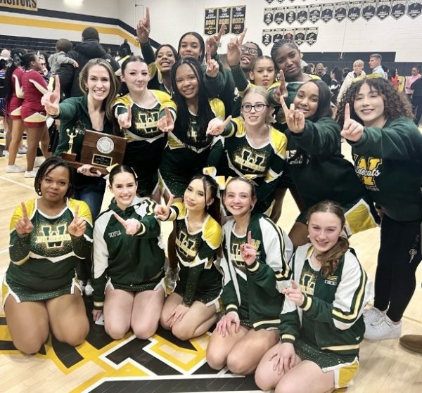 COLUMBIA MARYLAND, February 1, 2024 -- Wilde Lake varsity cheer celebrates after winning first place at the County championship.