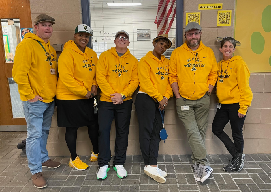 COLUMBIA, MARYLAND - Former Wilde Lake principal Ms. Marcy Leonard stands with her fellow 2023-24 administrators. They show off their spirit week hats. PHOTO COURTESY OF MS. LEONARD