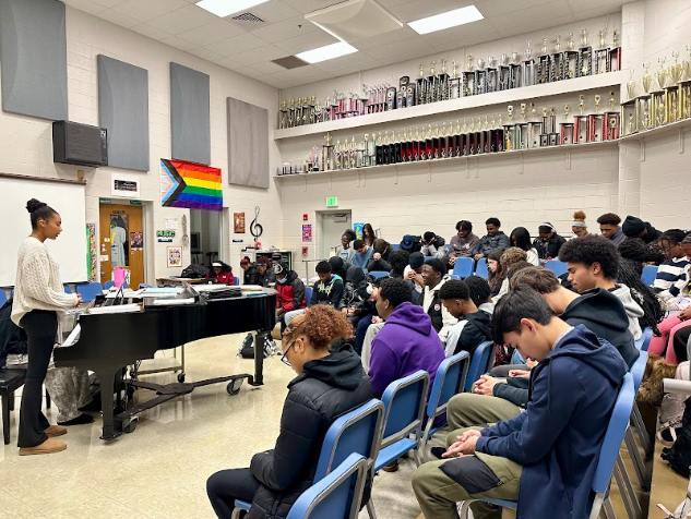 COLUMBIA, MARYLAND, JANUARY 15, 2025 - Sophomore Lindsey Doggette leads a prayer during FCA, which they do every meeting.