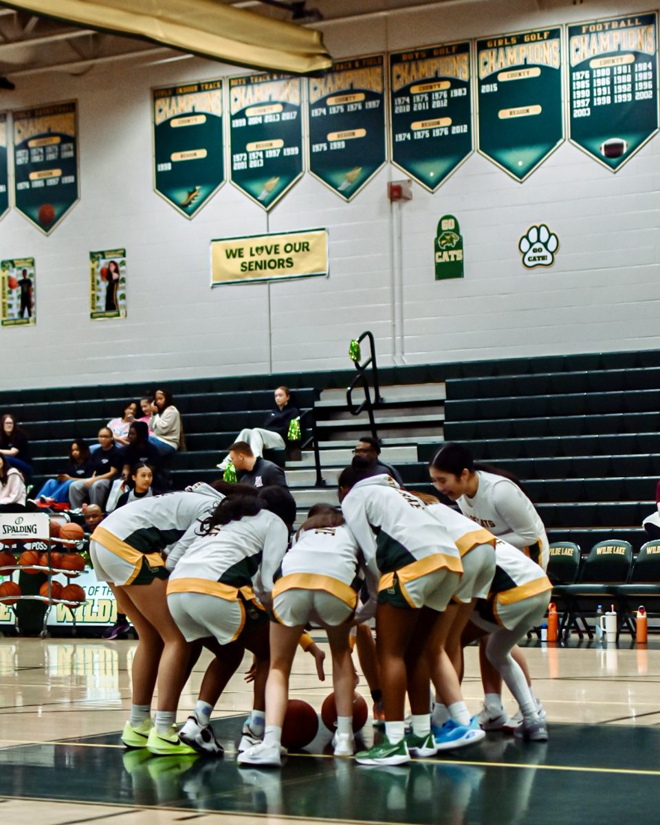 The girls basketball team does a team huddle during a game. 