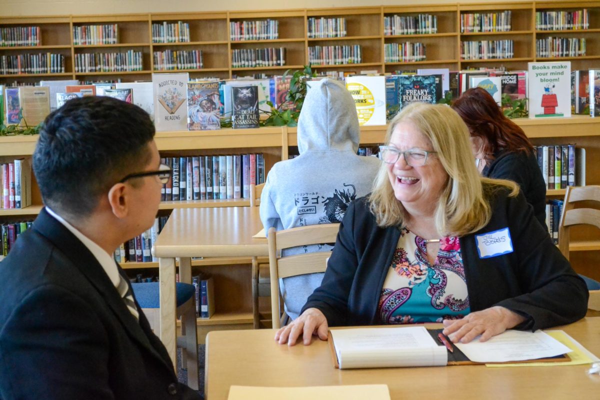 COLUMBIA, MD, FEBRUARY 20, 2025 - An interviewer  during junior interview day  laughs as she gets to know the junior she  is interviewing. 
