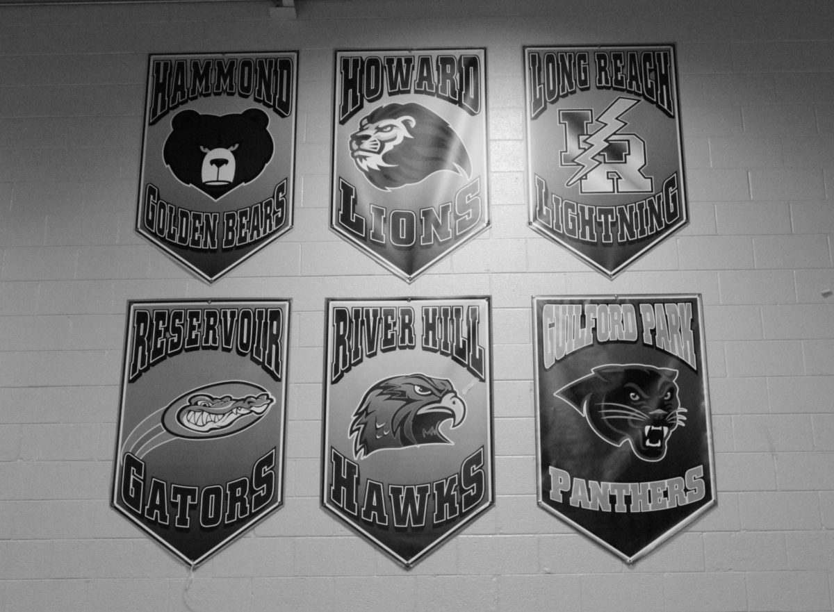 Howard County high school banners hanging in Wilde Lake gym. 